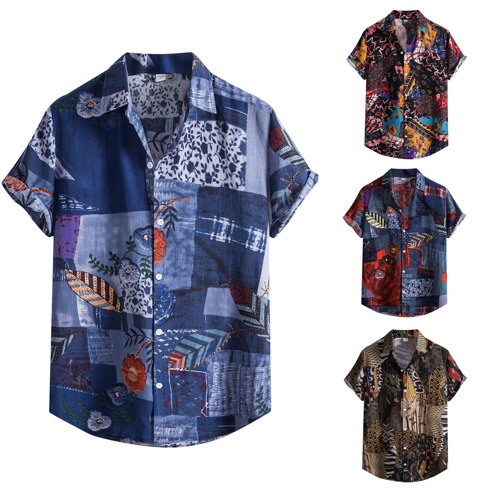 Printed Casual Short Sleeve Shirt Lapel Top男士休闲短袖衬衣-图0