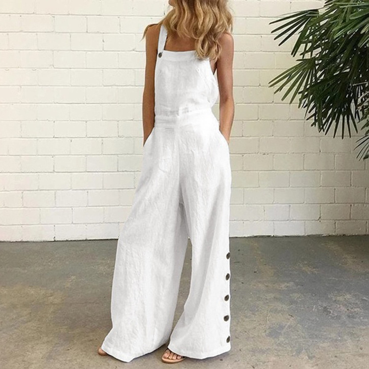 Solid Color Sleeveless Buttoned Wide Leg Pants 带纽扣阔腿裤 - 图1