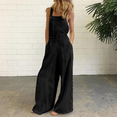 Solid Color Sleeveless Buttoned Wide Leg Pants 带纽扣阔腿裤 - 图0