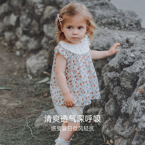 OAK FAMILY夏季宝宝上衣宽松全棉府绸小飞袖圆领女童T恤 - 图2