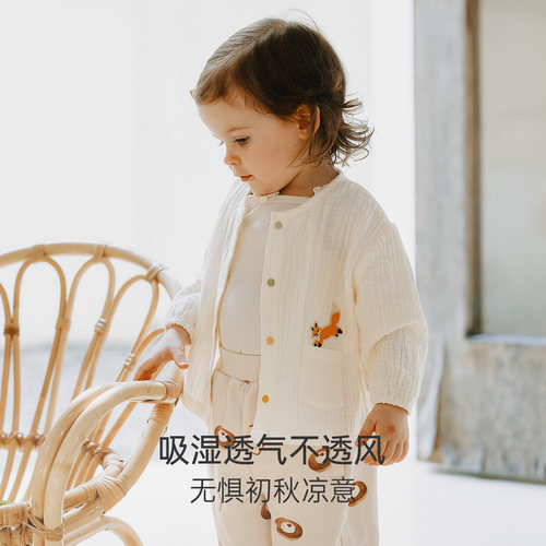 Oak Family春秋宝宝长袖薄外套纯棉绉布轻薄透气女童开衫宝宝外搭 - 图1