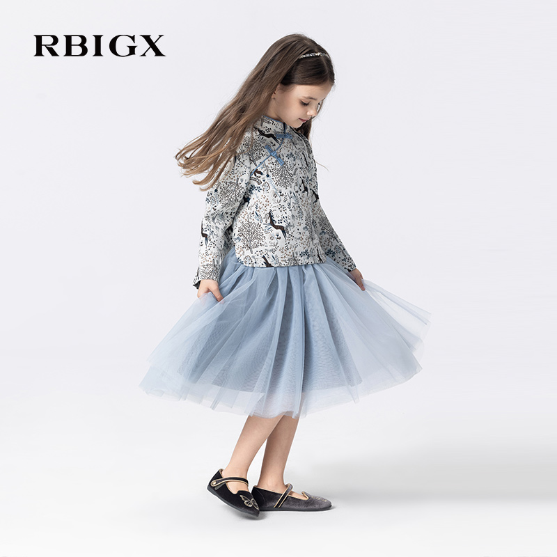 RBIGX瑞比克童装2025秋季新款女童轻盈网纱撞色中式假两件连衣裙 - 图1