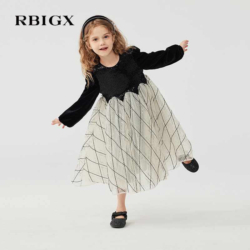 RBIGX瑞比克童装2025冬季新款女童拼接礼服珠片设计感礼服连衣裙 - 图1
