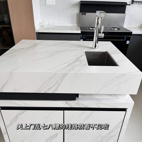 厨房黑色岩板伸缩岛台吧台桌面一体餐桌定制开放式多功能操作台 - 图2