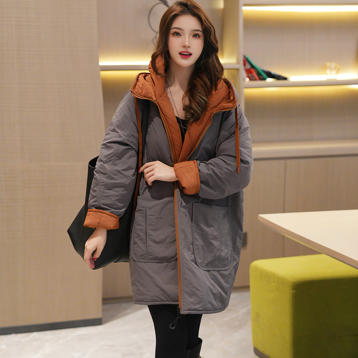 Linda大姐姐 双面撞色冬季时尚气质休闲宽松百搭连帽棉服外套 - 图3