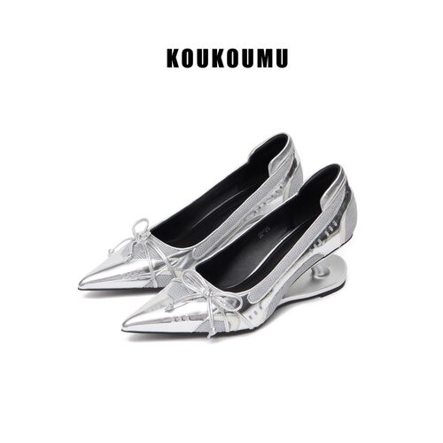 KOUKOUMU 蝴蝶结 运动 复古赛车鞋 悬浮跟尖头高跟鞋 - 图1