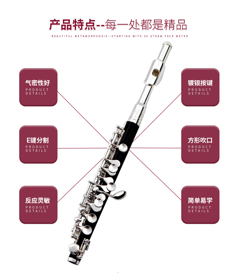 MEIDASI金属笛头短笛胶木合成乌木C调14键儿童初学考级专业演奏 - 图1