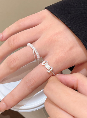 网红小众超仙猫眼石蝴蝶结戒指女开口可调节珍珠食指戒气质指环