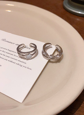 韩版新款双层满钻超闪星星戒指女开口可调节食指戒网红同款指环