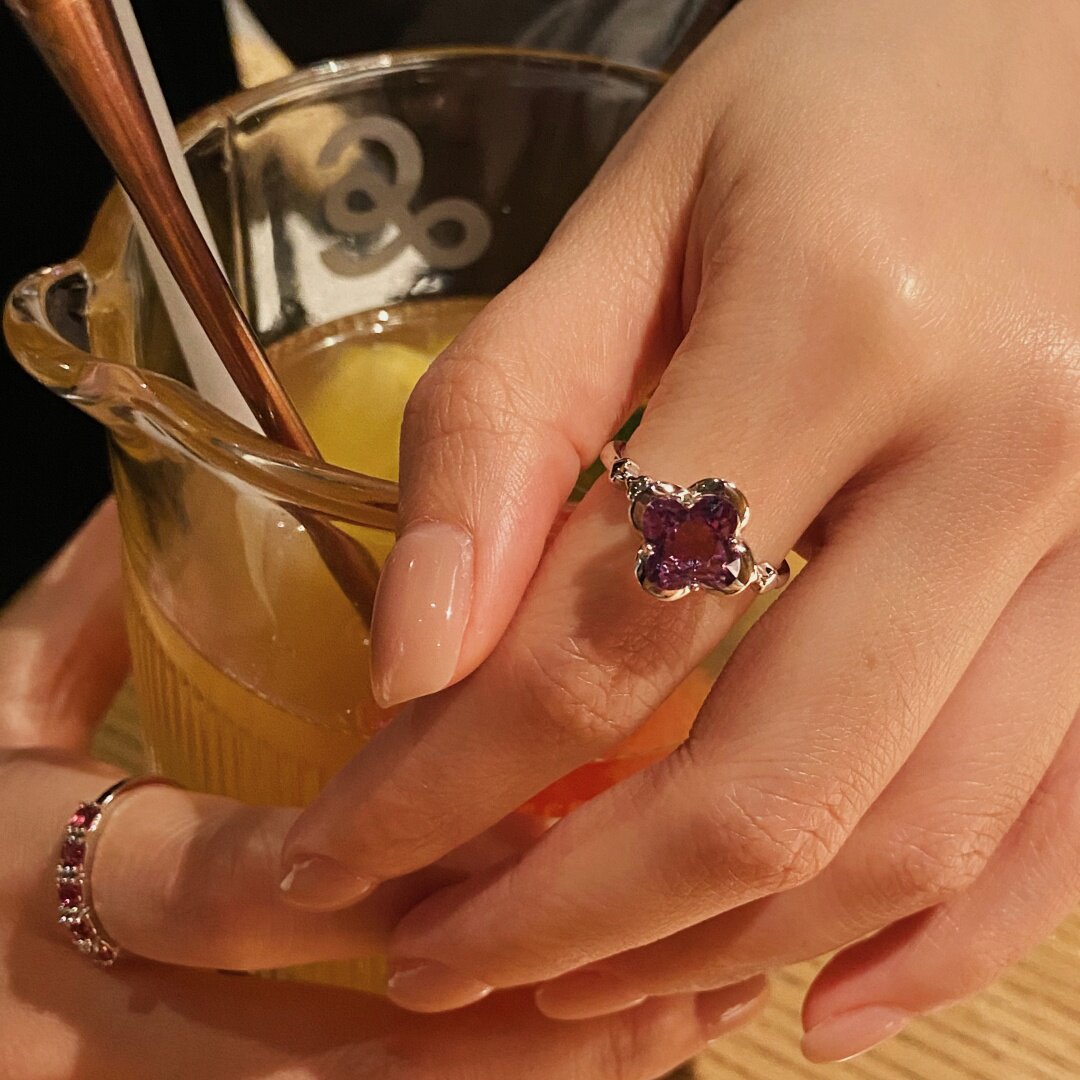 Four-leaf clover sterling silver amethyst ring light luxury index finger ring