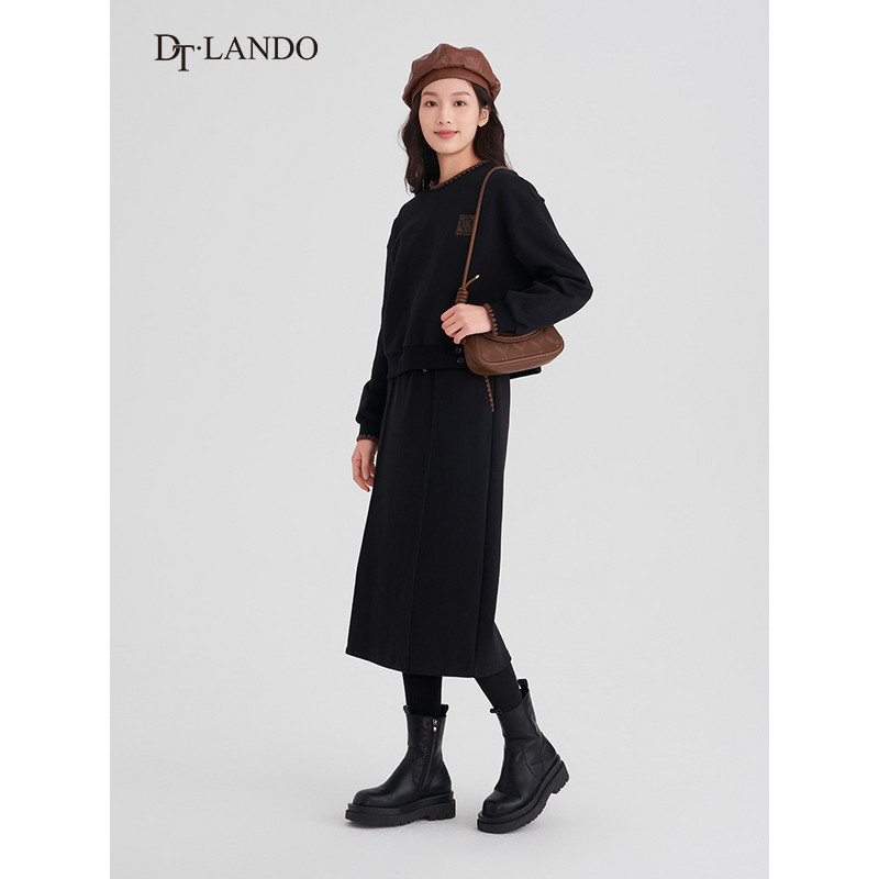 DTLANDO半身裙春季女休闲抽绳设计感直筒黑色H型卫裙半裙