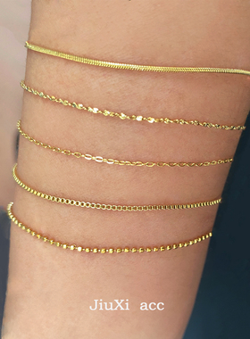 不掉色针式万能链18K金盒子链蛇骨链穿珠链女可调节防脱锁骨项链