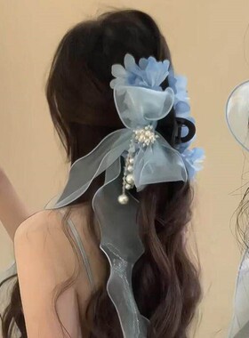 立减5元超仙蓝色花朵蝴蝶结抓夹