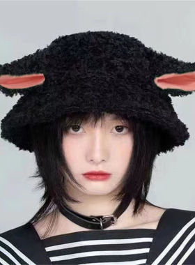 甜美可爱小羊耳朵软糯羊卷毛渔夫帽子女秋冬保暖学生百搭萌系盆帽