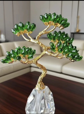 K9水晶迎客松发财树超透桌面摆件送礼客厅展柜玄关招米