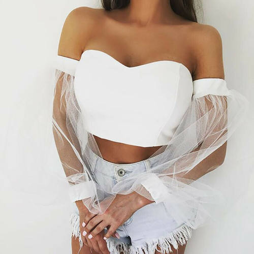 Off Shoulder Bubble Sleeve Ladies V Neck Tops Tube Crop Top - 图1