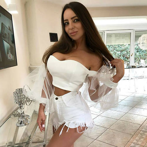 Off Shoulder Bubble Sleeve Ladies V Neck Tops Tube Crop Top - 图3