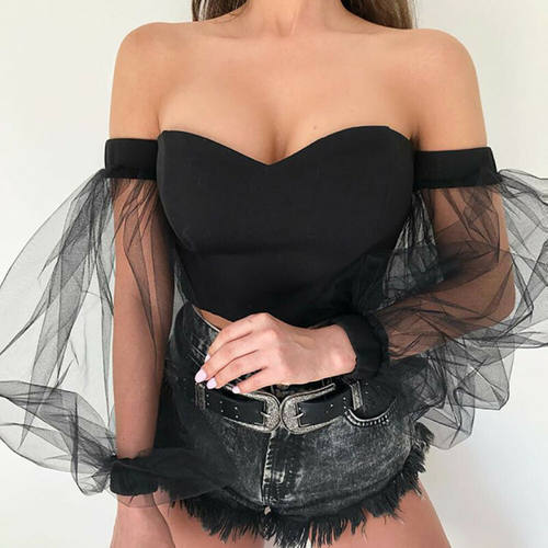 Off Shoulder Bubble Sleeve Ladies V Neck Tops Tube Crop Top - 图0