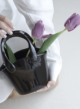 新ins风高颜值陶瓷花瓶摆件小众个性提篮花瓶家居客厅装饰品插花