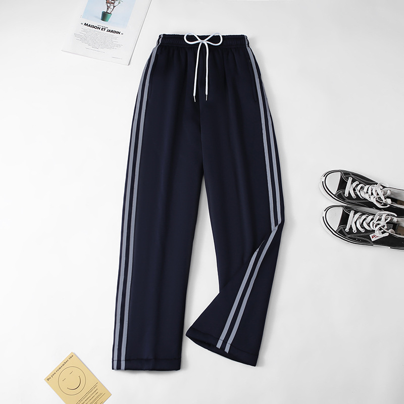 羊羔绒校服裤子学生运动宽松一条细灰杠校裤秋冬款两条杠反光条 - 图0