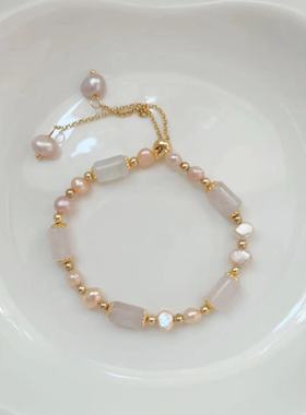 复古轻奢真金电镀竹节淡水珍珠手链法式文艺可调节手环时尚手饰女