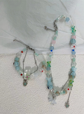 2023年新款夏季海蓝宝碎石串珠项链女高级感花朵锁骨链爆款锁骨链