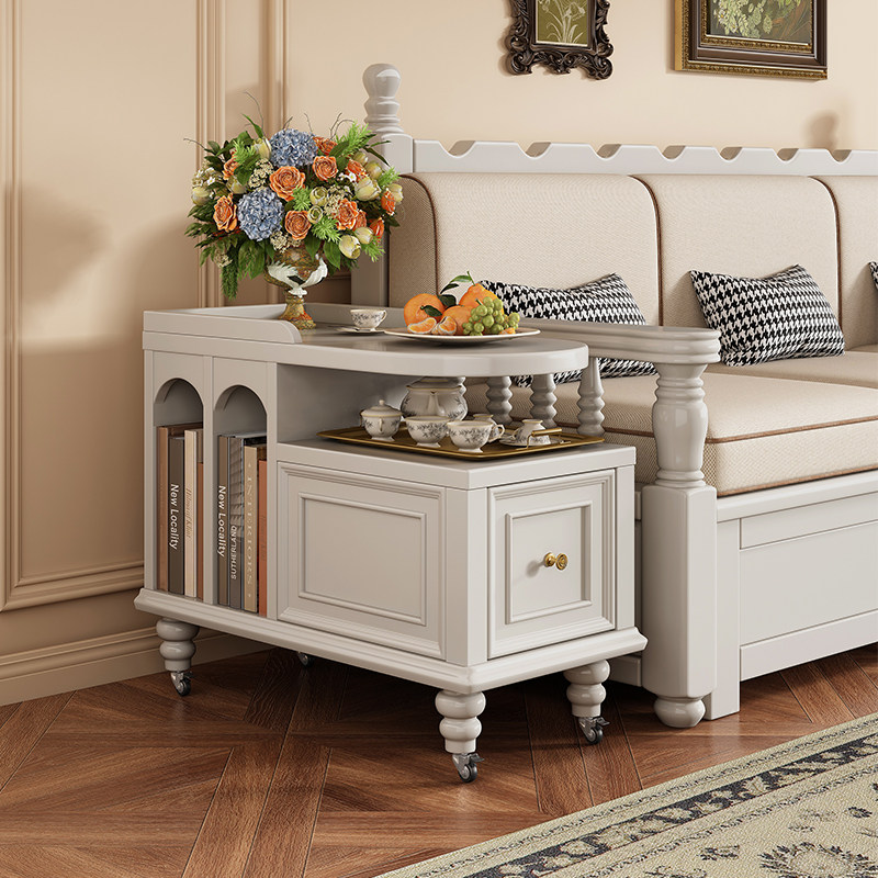 世府美式复古实木茶水台移动带轮小茶几茶桌沙发侧边柜角几边推车,淘宝优惠券,粉丝福利购,淘宝优惠卷