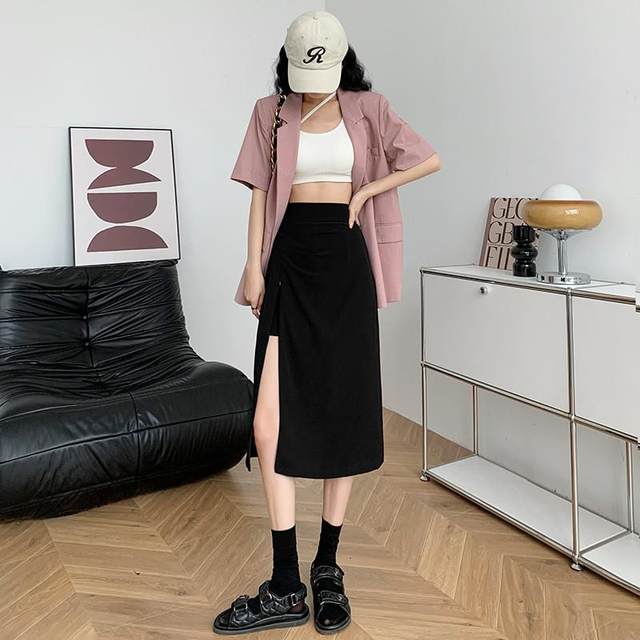Pleated zipper slit skirt for women summer high-waisted irregular A-line skirt for small people Korean style versatile mid-length skirt