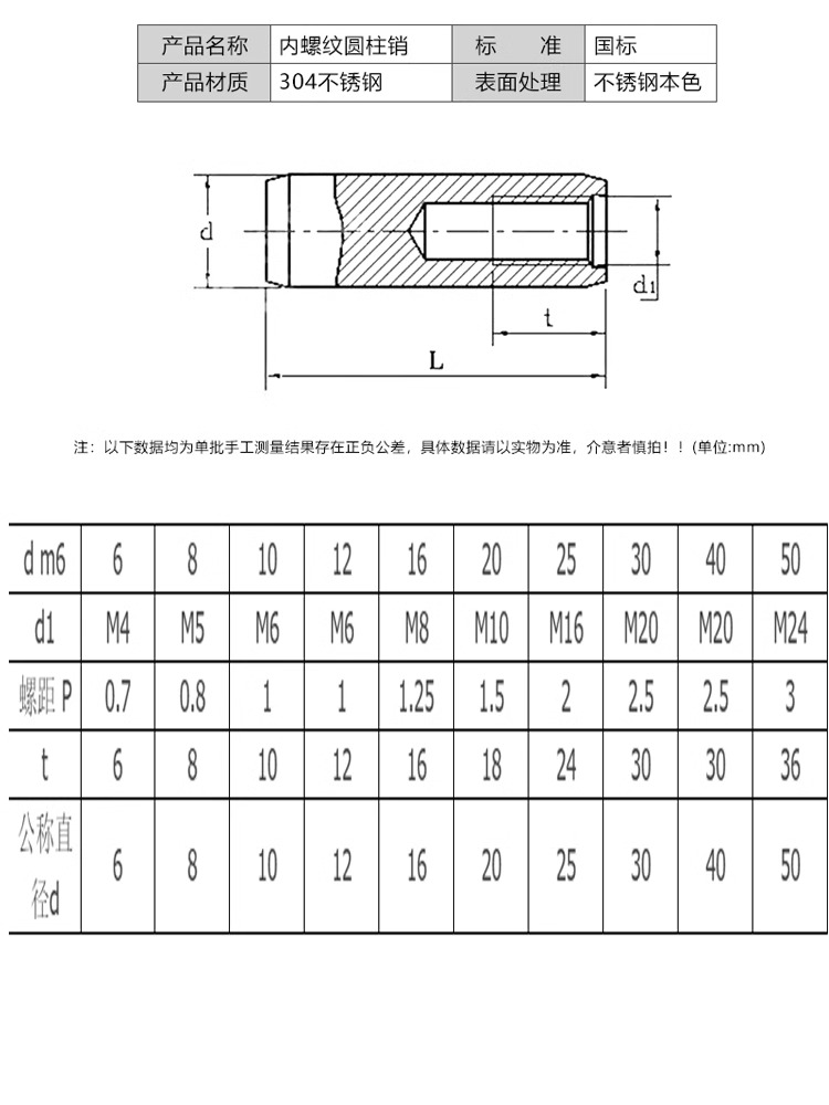 不锈钢双头/单头内螺纹圆柱销两头带孔支撑柱连接杆导柱M5M6M8M10 - 图3