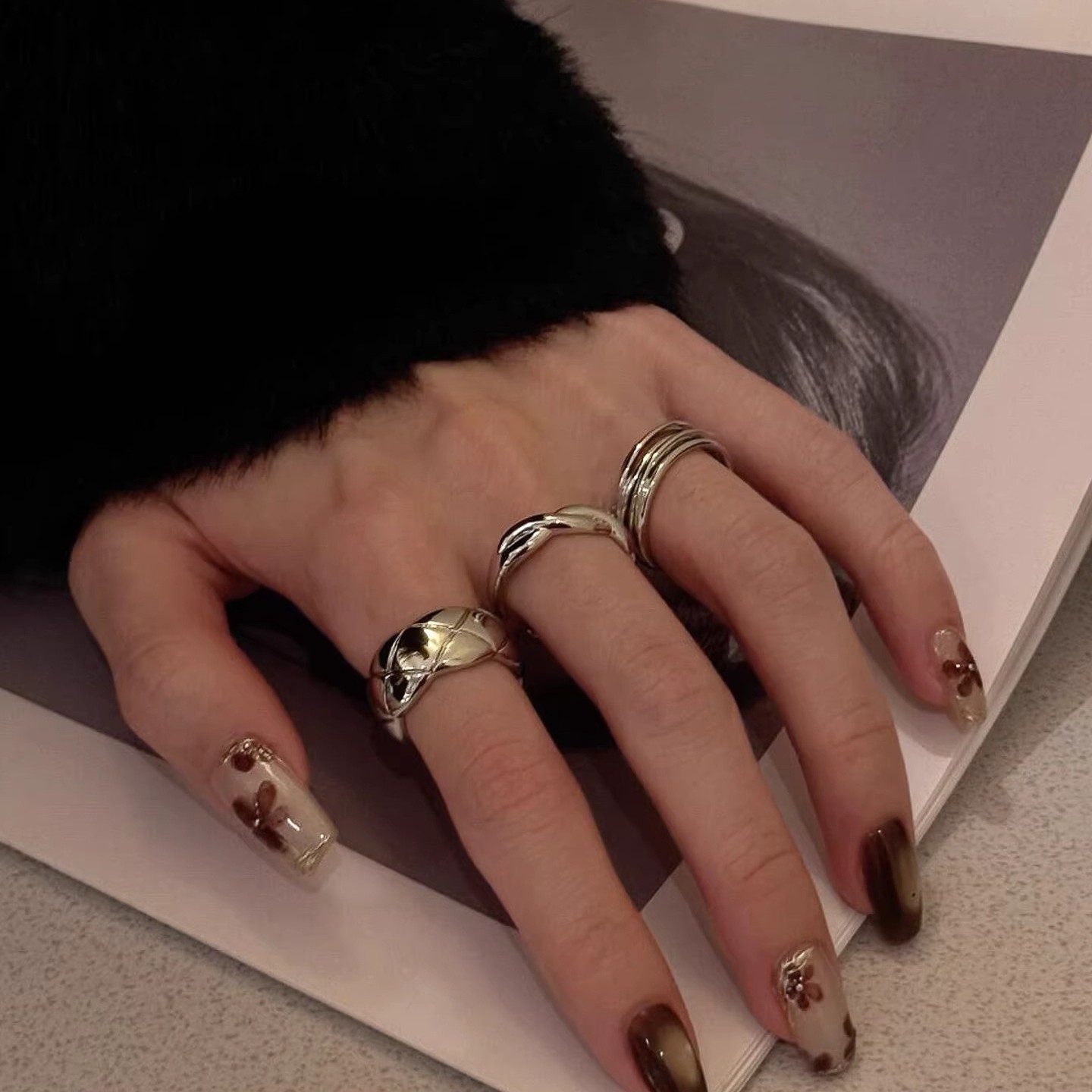 S925 sterling silver stacked old money style diamond ring for women