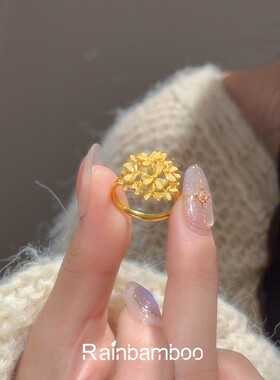 S925纯银新中式金色绣球花戒指女