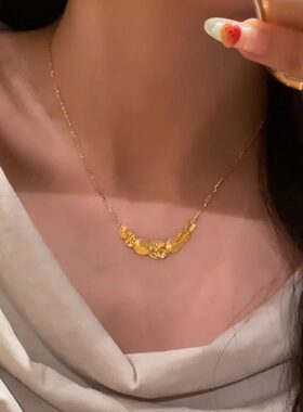 金色椭圆项链女款复古细闪微笑几何毛衣链不掉色独特高级感锁骨链