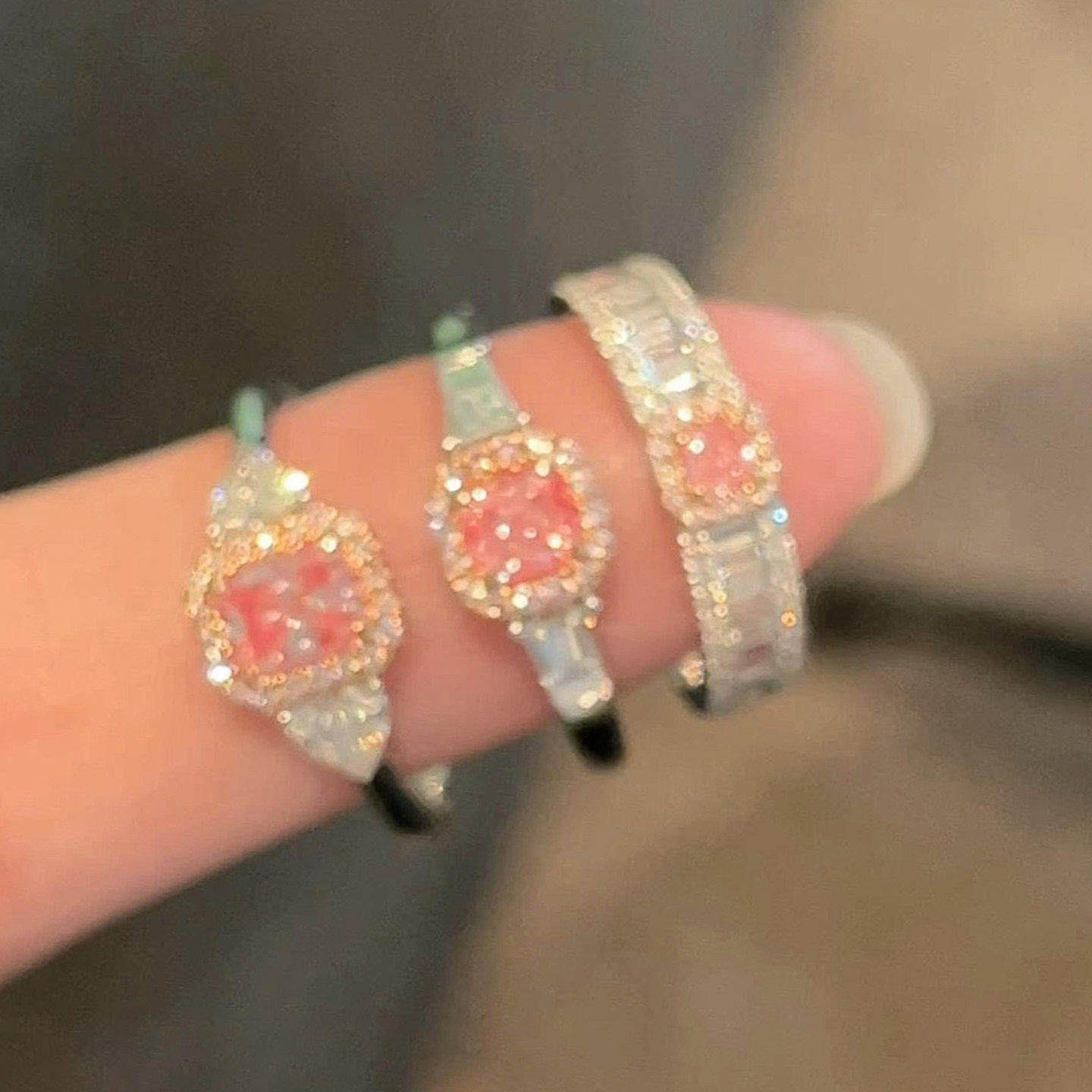 S925 sterling silver peach pink water drop diamond ring for women