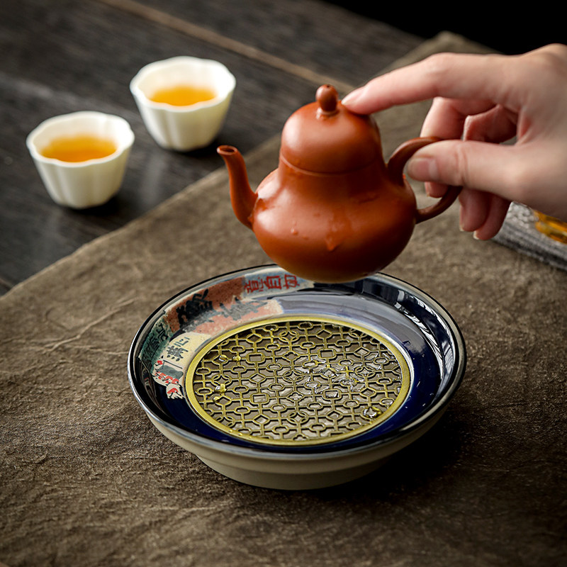 手绘储水壶承藤编垫养壶干泡台单层小茶盘粗陶瓷盖碗底托复古茶具,淘宝优惠券,粉丝福利购,淘宝优惠卷