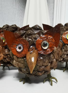 非遗棕编仿真猫头鹰摆件DIY纯手工松果猫头鹰桌面摆件