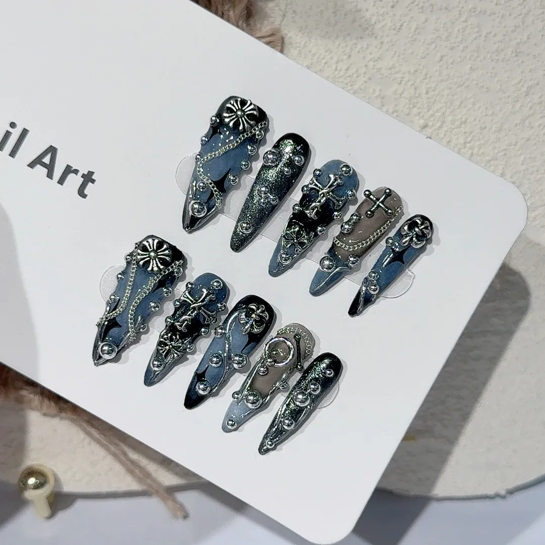 『十字与铆钉』暗黑朋克金属辣妹ins哥特穿戴甲尖门穿戴甲,淘宝优惠券,粉丝福利购,淘宝优惠卷