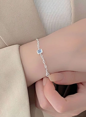 雍程S925纯银绝美肥方海蓝宝手链轻奢精致时尚手饰高级感小众显瘦