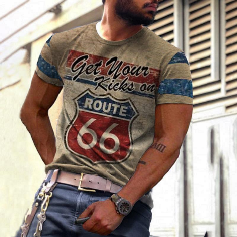 US Route 66 Letter Print Men's T-Shirt美国66号公路印花男T恤 - 图0