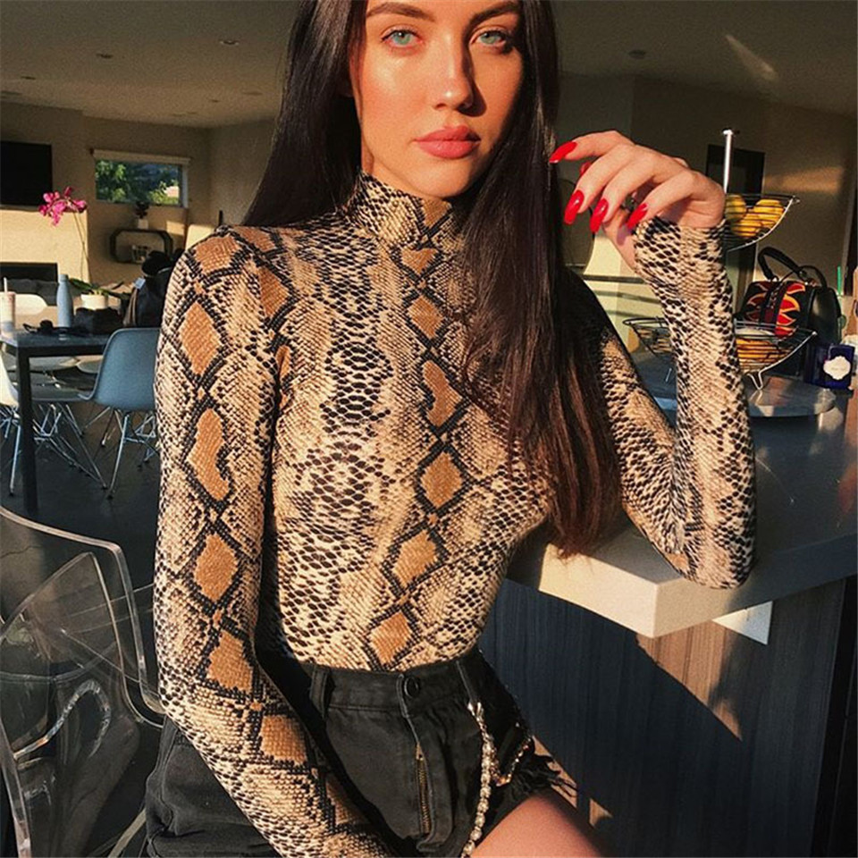 snake print long-sleeve bodysuit女士蛇纹印花高领长袖连体衣女 - 图1