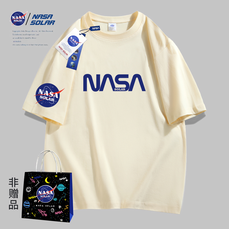 NASASOLAR联名2023新款夏款小熊印花纯棉短袖T恤情侣潮宽松