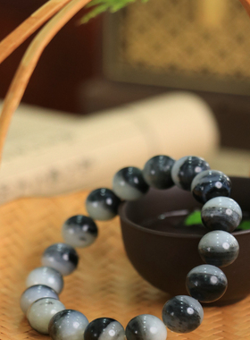 天然新疆和田玉山料青花玉12mm手串手链古风男女手饰收藏高档礼品