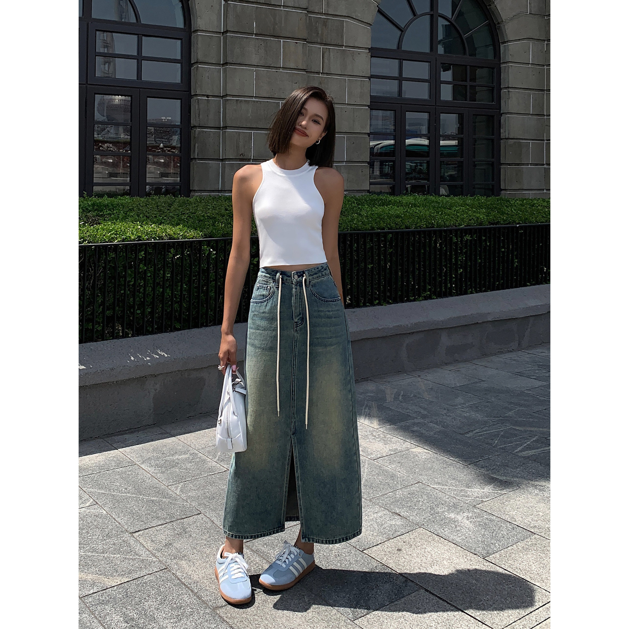 ousph【现货5折】复古港式高腰牛仔半身裙女开叉口袋中长A字裙子,淘宝优惠券,粉丝福利购,淘宝优惠卷