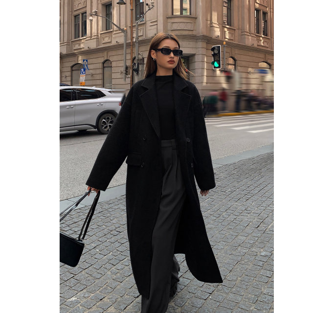 ousph黑色羊毛呢子过膝外套女2024冬季长款宽松高级感气质大衣潮