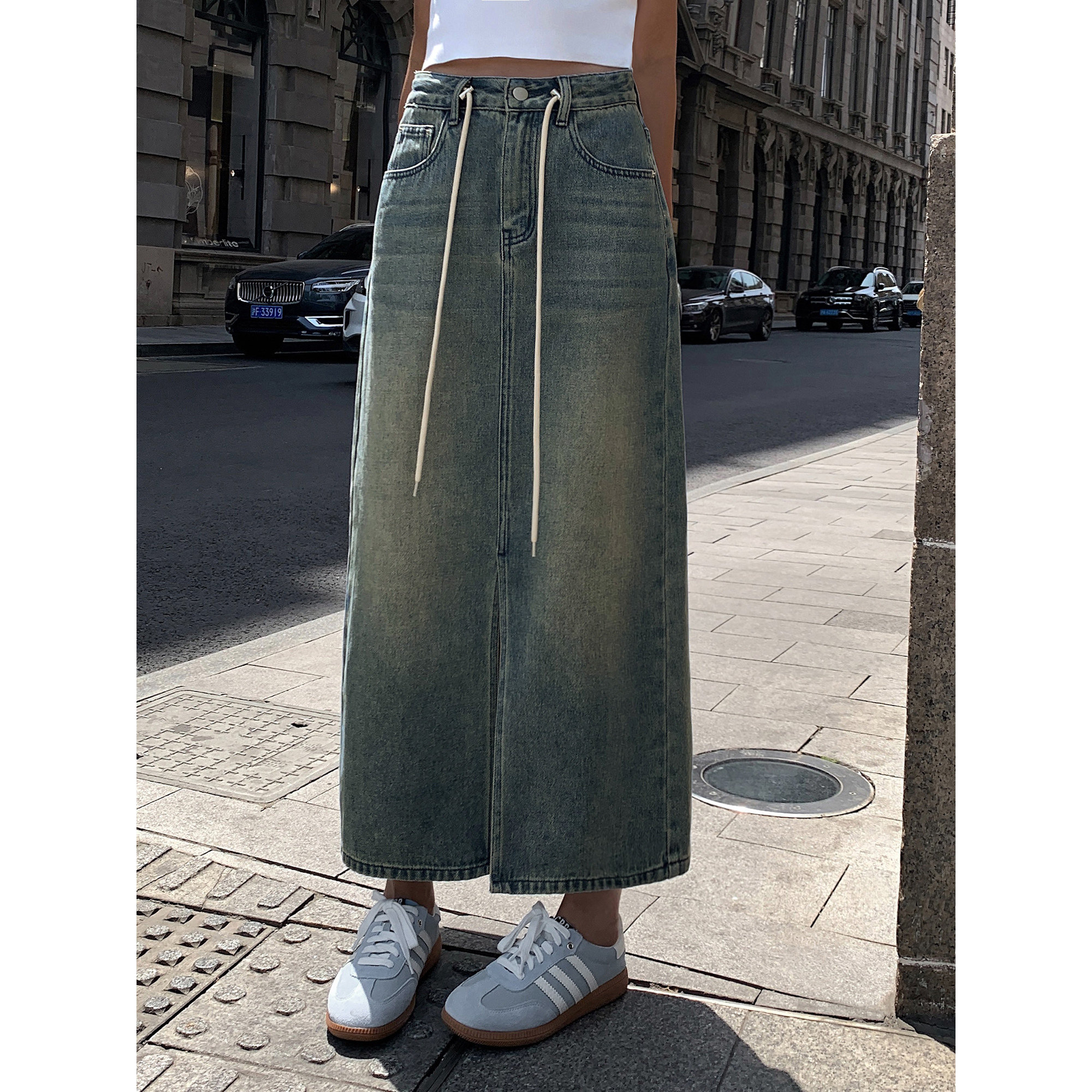 ousph【现货5折】复古港式高腰牛仔半身裙女开叉口袋中长A字裙子,淘宝优惠券,粉丝福利购,淘宝优惠卷