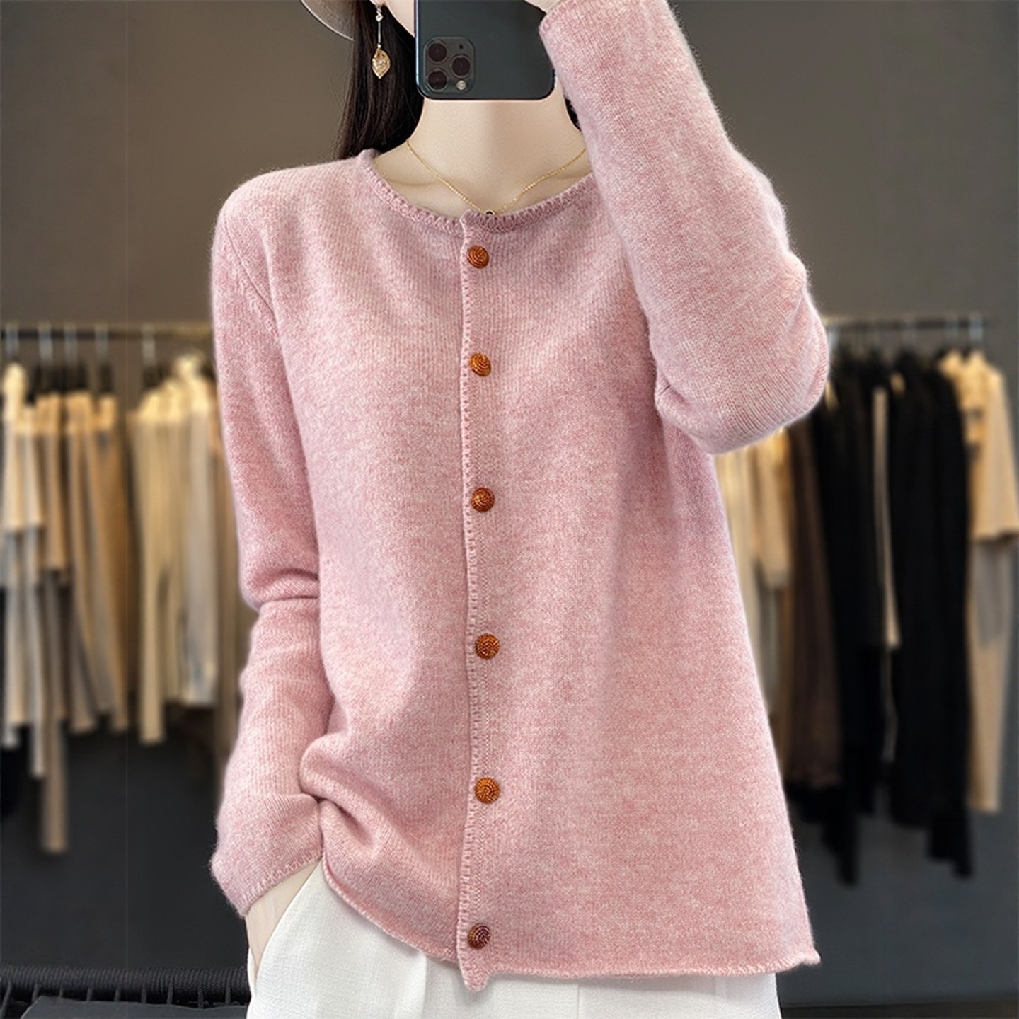 时尚朗姿秋冬新款红色百搭纯羊绒针织开衫女圆领宽松长袖毛衣外套,淘宝优惠券,粉丝福利购,淘宝优惠卷