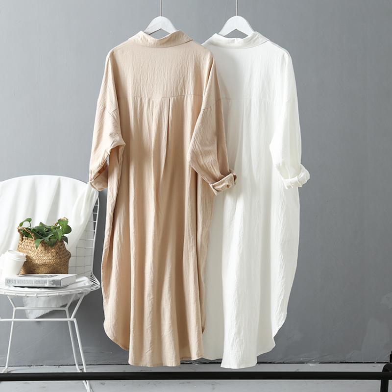 Cotton Breasted Long Sleeve Shirt Dress棉质排扣长袖衬衫裙女-图0