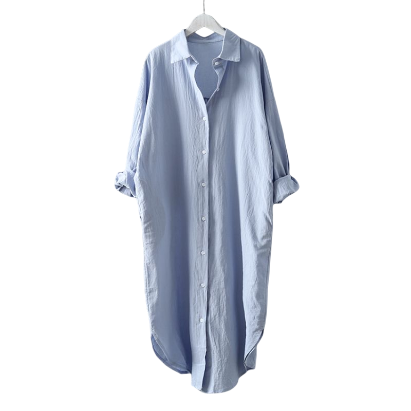 Cotton Breasted Long Sleeve Shirt Dress棉质排扣长袖衬衫裙女-图3