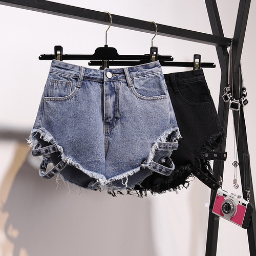 high waist slim korean style frayed shorts高腰韩版毛边短裤女 - 图1