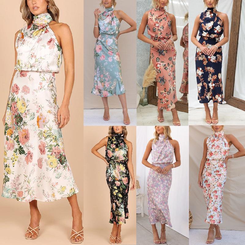 Sleeveless halter neck satin dress for women - 图1