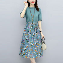 New Pint Flower Splicing Casual Cotton Linen Dress Women Summer 2021 New Cashew air T-quality Long version Short sleeves Dingding